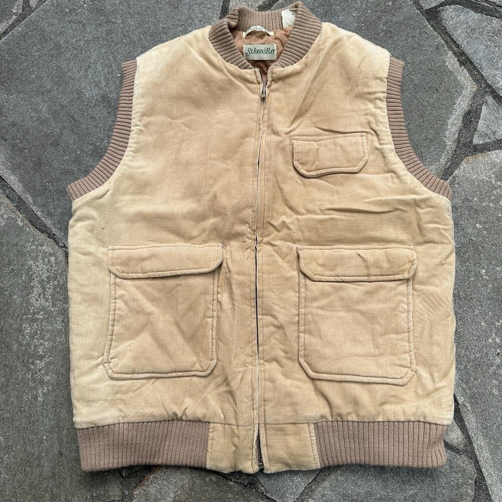 Vintage St Johns Bay Corduroy Vest Large Beige Full Zip Utility Quilt Lined